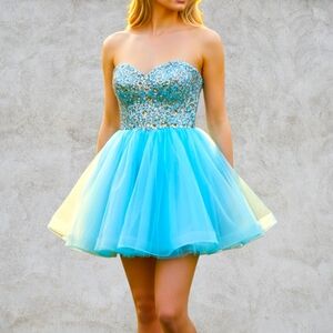 Sky Blue Strapless Rhinestone Sequin Dress 80s Prom Maximalist M